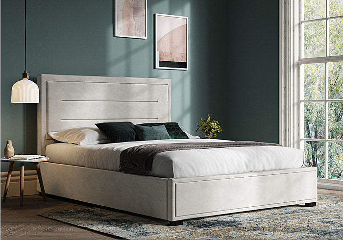 Luxury light grey ottoman bed frame with velvet upholstery. Modern style.
