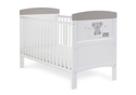 White cot bed with cute grey Koala bear design, teething rails included, 3 base height options