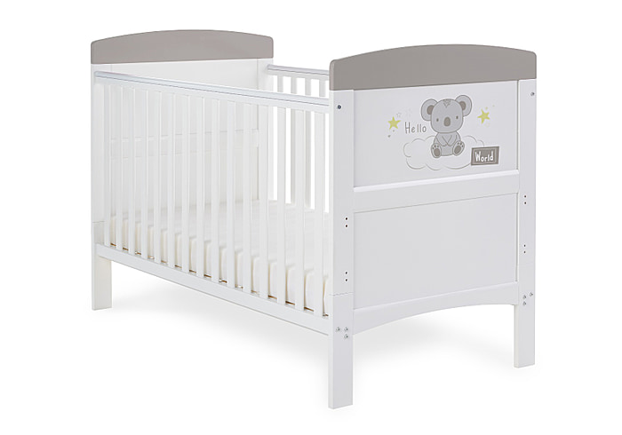 White cot bed with cute grey Koala bear design, teething rails included, 3 base height options