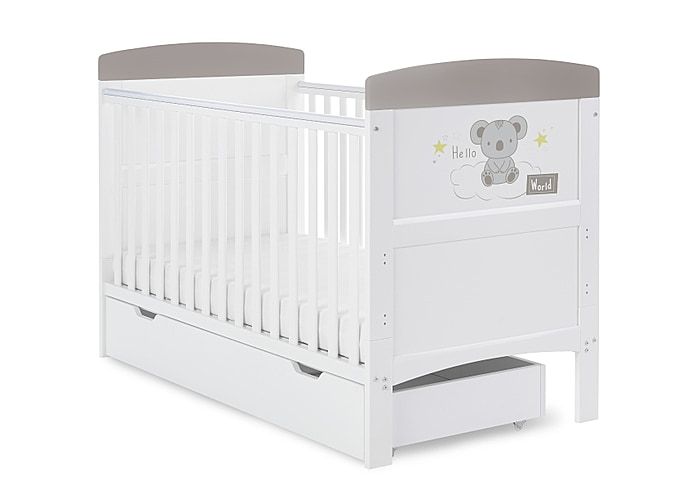 White cot bed with under drawer and cute grey Koala bear design, teething rails included, 3 base height options