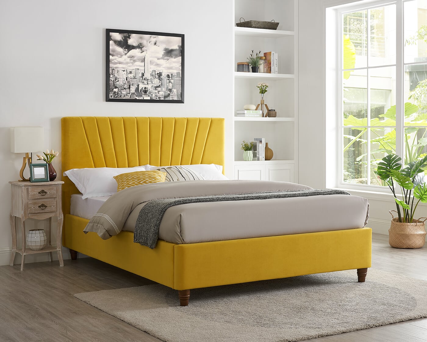 Yellow velvet shop bed frame