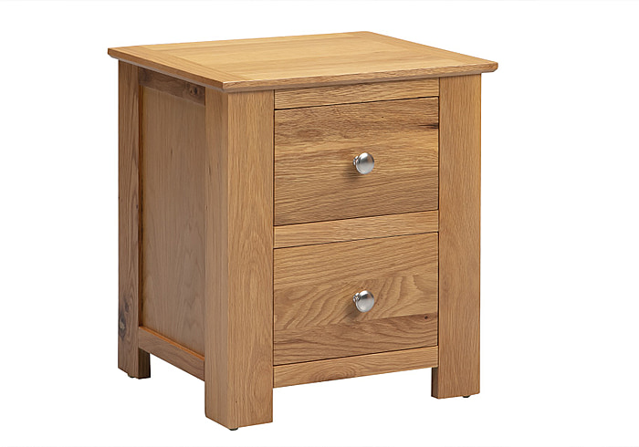 A beautiful solid oak bedside cabinet with 2 drawers and chrome handles.