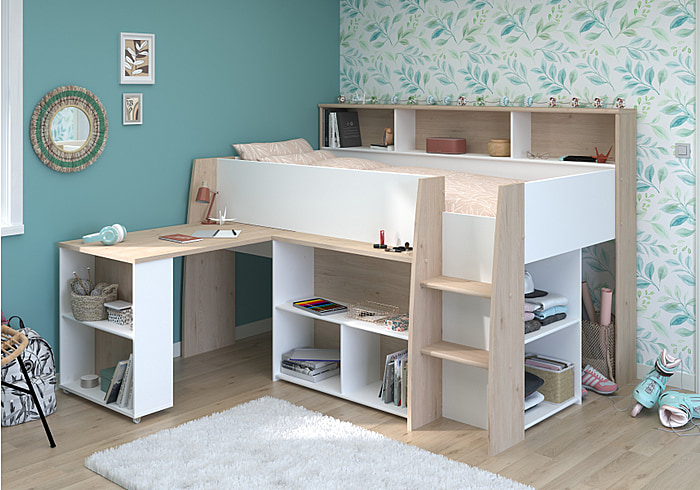 Contemporary mid sleeper bed frame with pull out desk and 10 open storage compartments. White and Japanese oak effect finish.