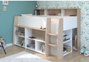 Contemporary mid sleeper bed frame with pull out desk and 10 open storage compartments. White and Japanese oak effect finish.