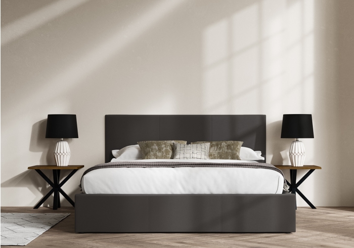 Contemporary grey faux leather ottoman bed frame.