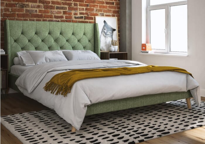 Novogratz Her Majesty Linen Bed Frame available in double and king sizes and green blue grey and pink linen upholstery