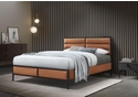 Tan Faux Leather Bed Frame, Contemporary style with a sleek black metal frame. Padded headboard, low foot end.
