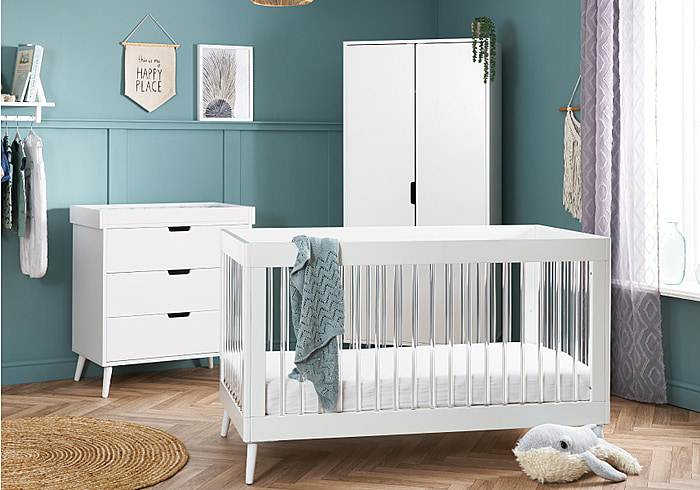 Modern scandinavian design 3 piece room set in a  white with acrylic finish. Cot bed, double wardrobe and 3 drawer changing unit.