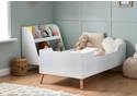 Modern Scandinavian style single bed frame with safety guards. Beautiful white finish with natural finish angled legs.