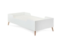Modern Scandinavian style single bed frame with safety guards. Beautiful white finish with natural finish angled legs.