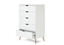 Modern Scandi style white 5 drawer tall boy. Recessed handles and natural finish angled legs.