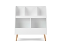 Scandinavian style toy storage unit with 5 compartments. Clean white finish with natural angled legs.