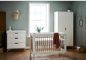 Modern Scandi style 3 piece nursery room set, mini cot bed, double wardrobe and 3 drawer changing unit in white and natural.