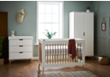 Modern scandinavian design 3 piece room set in a  white and natural finish. Cot bed, double wardrobe and 3 drawer changing unit.