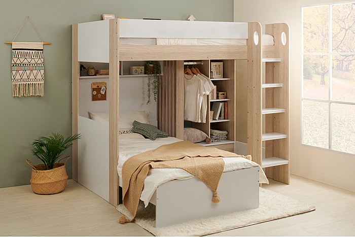 Flair Hampton Bunk Bed with Wardrobe and Storage in White & Walnut