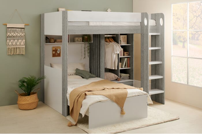 Flair Hampton Bunk Bed with Wardrobe and Storage in White & Grey