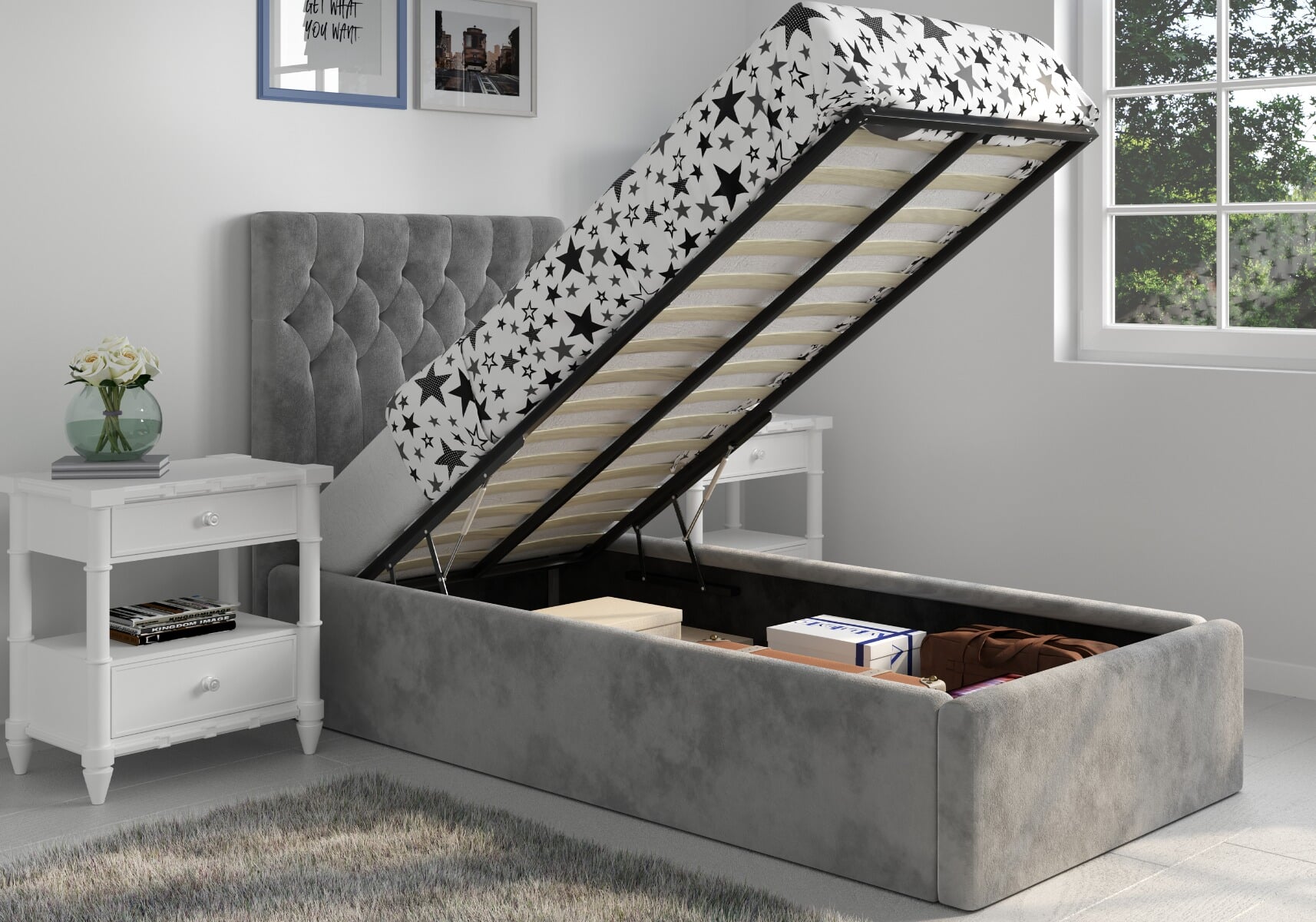 Grey velvet store single ottoman bed