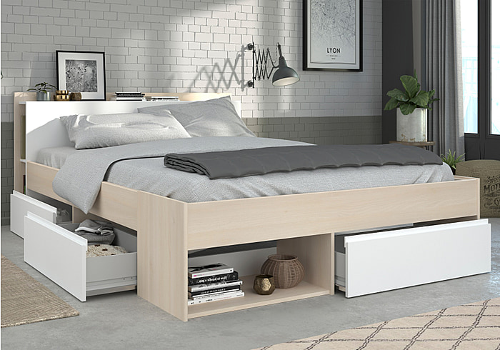 A contemporary double storage bed with 3 under bed drawers, 5 storage nooks and a 15cm deep shelf that runs along the width of the bed frame.