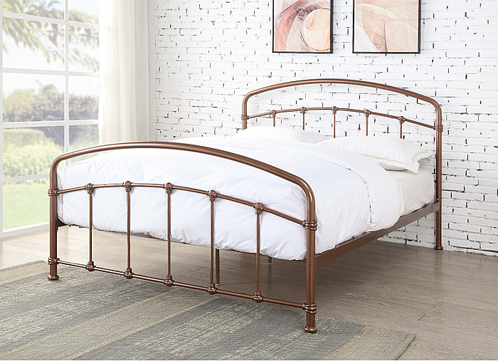 An elegant modern Victorian style metal bed frame. Curved head and foot boards with decorative details. Rustic shiny rose finish.