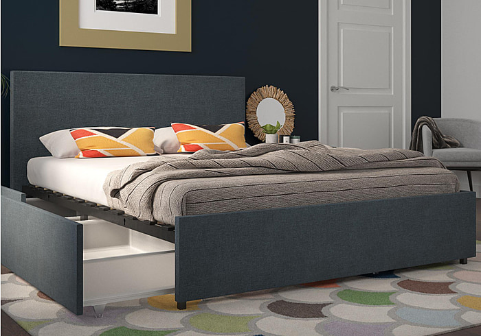 Novogratz Kelly Linen Storage Bed Frame available in single double and king and navy or dark grey storage drawers sprung slatted base