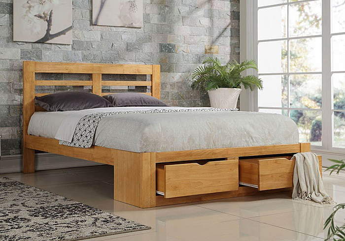Contemporary solid hardwood bed frame, oak finish, 2 drawers at the foot end. Also in white