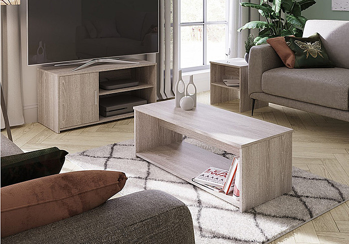 GFW Newlyn Living Room Set Modern style comprises of a tv unit, lamp table and coffee table available in grey oak or oak
