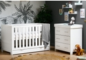 Contemporary 2 piece room set, cot bed with under drawer and 3 drawer changing unit in a white wash finish. 