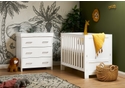 Modern cot bed and changing unit with 3 drawers. White wash finish. Cot has 3 base heights and teething rails.