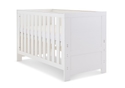 White wash contemporary cot bed with 3 mattress base heights and teething rails. Easily transforms to a toddler bed.