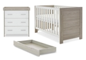 Contemporary 2 piece room set, cot bed with under drawer and 3 drawer changing unit in a white wash and white finish. 