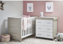 Modern cot bed and changing unit with 3 drawers. Greywash and white finish. Cot has 3 base heights and teething rails.