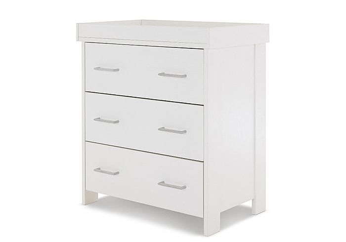 Contemporary white wash changing unit with 3 large capacity drawers. Brushed metal handles.