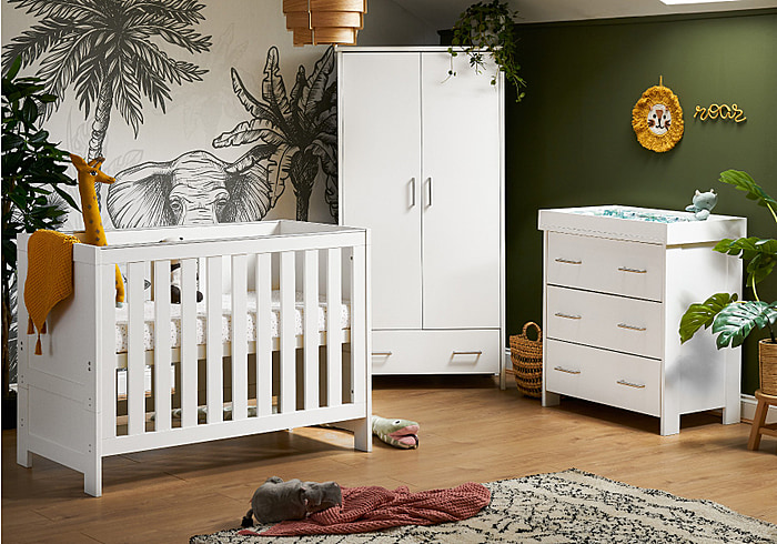Modern White wash 3 piece nursery set, Cot bed, double wardrobe with 1 drawer and changing unit with 3 drawers.