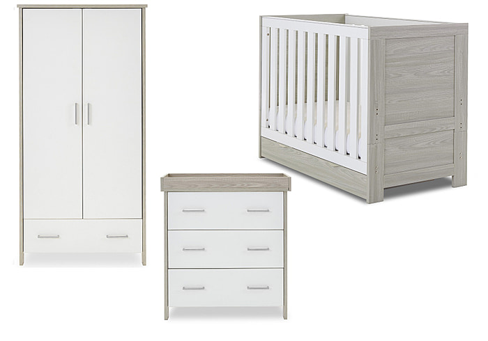 Modern Grey wash and white 3 piece nursery set, Cot bed with under drawer double wardrobe with drawer and changing unit with 3 drawers.
