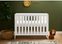 Cot bed with a contemporary white wash finish. Open  slatted sides, teething rails, 3 base heights.