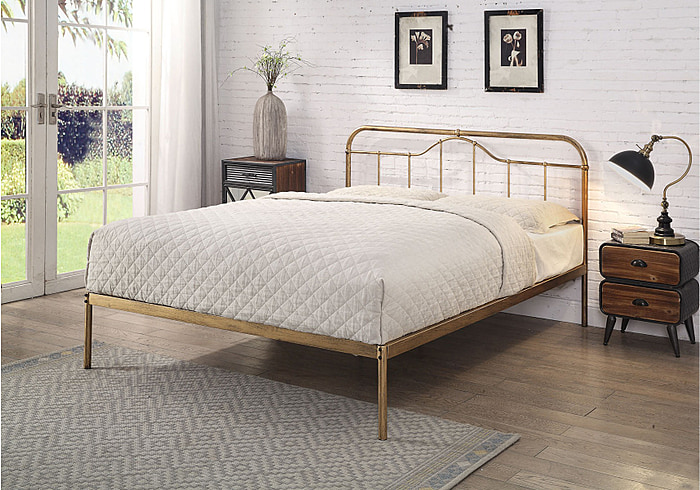 Antique bronze metal bed frame with a curved headboard and low foot end. Elegant, minimal design