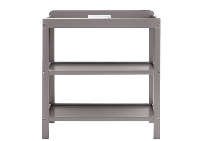 Open changing unit in taupe grey with changing area and two good sized shelves. Wood construction.
