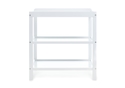 Open changing unit in white with changing area and two good sized shelves. Wood construction.