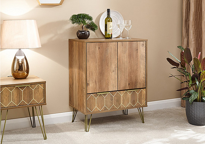 GFW Orleans Wine Cabinet retro-style double cupboard one drawer mango effect finish geometric pattern mid century hairpin legs