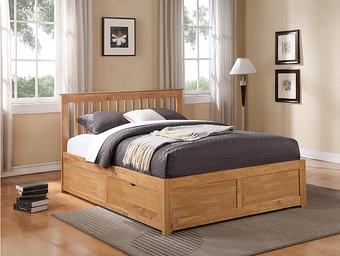 Classic style wooden bed frame with a slatted headboard and a panelled low foot end. Two storage drawers.