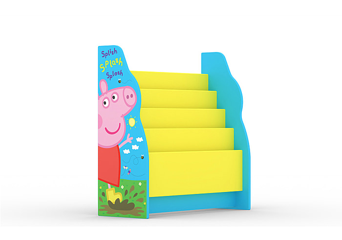 A brightly coloured Peppa Pig children's bookcase. With colourful graphics of Peppa splashing in the mud. 4 book sleeves in bright yellow