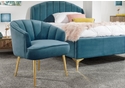 Elegant deep cushioned fabric chair with angled gold legs available in grey, teal, royal blue and pink