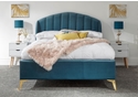 Luxurious fabric bed frame deep cushioned winged headboard angled gold feet available in grey, pink, teal and royal blue