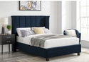 Luxury navy blue recylced fabric velvet bed frame. Tall winged padded headboard and low footend.