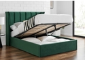 Luxury emerald green recylced velvet fabric ottoman bed frame. Tall winged padded headboard and low footend.