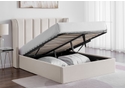 Luxury natural colour recylced velvet fabric ottoman bed frame. Tall winged padded headboard and low footend.