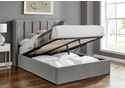 Luxury silver recylced velvet fabric ottoman bed frame. Tall winged padded headboard and low footend.
