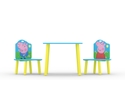 Brightly coloured Peppa Pig table and 2 chair set. Featuring Peppa Pig and George splashing in the mud.