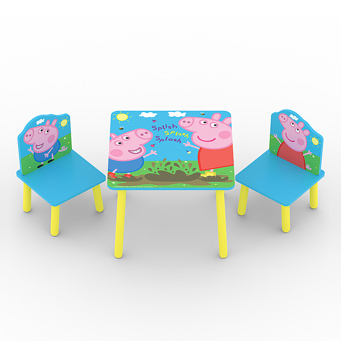 Brightly coloured Peppa Pig table and 2 chair set. Featuring Peppa Pig and George splashing in the mud.