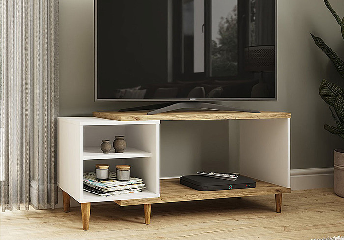 GFW Presto TV Unit Modern design oak effect and white  tapered wooden legs particle board construction 